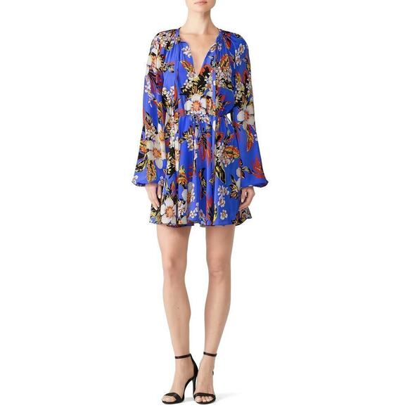 Diane Von Furstenberg Dress Floral Print Silk Cinch Long Sleeve Mini Blue XS - Picture 3 of 10